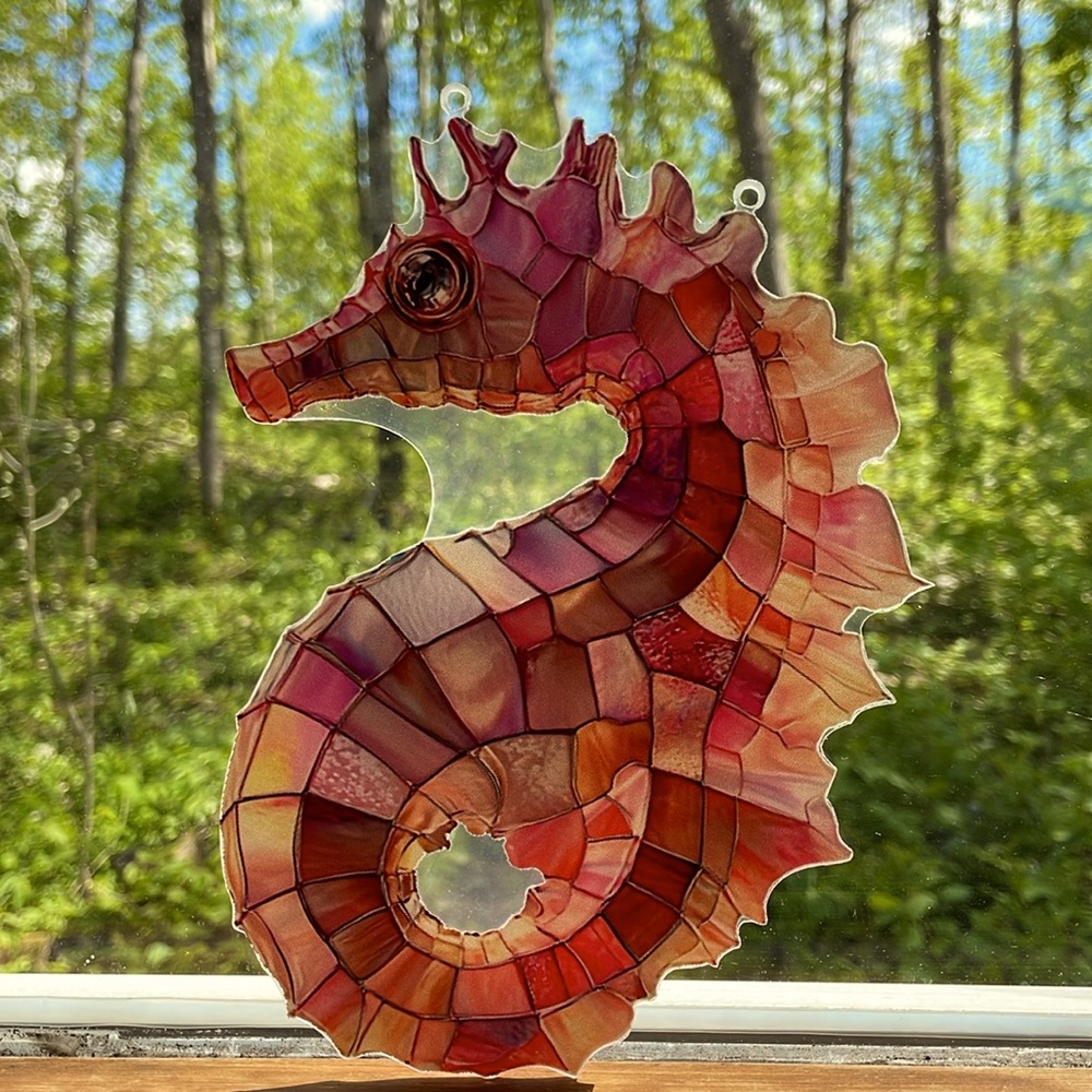 Suncatcher Acrylic Pink Seahorse Animal New Faux Stained Glass Decoration